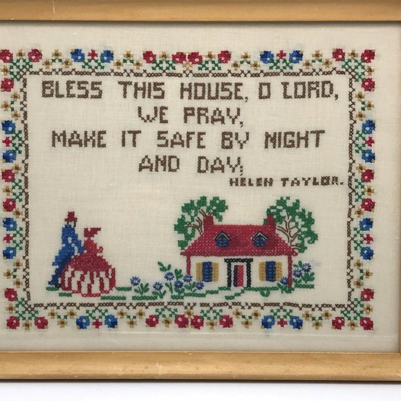 Bless This House, Needlepoint Cottage and Couple, Framed Handmade Decor - Picture 2 of 4